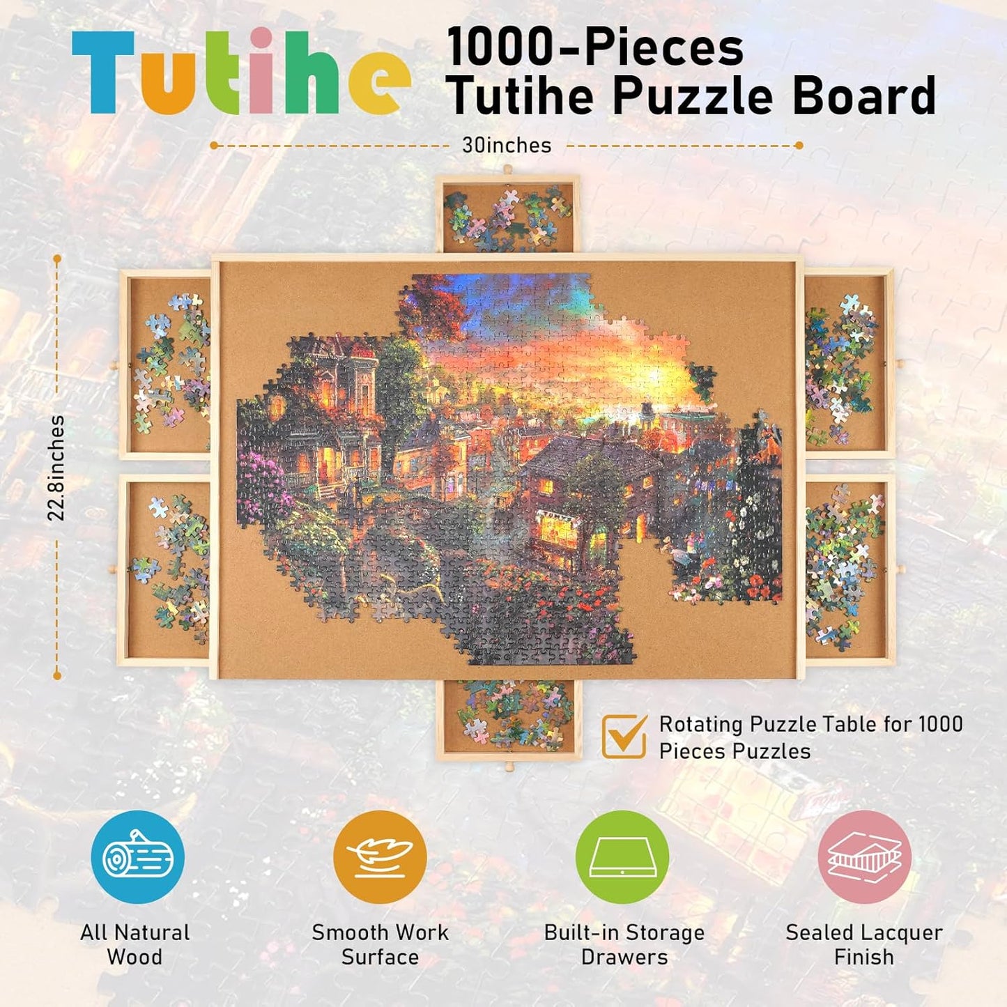 1000 Piece Rotating Puzzle Board with Drawers and Cover,23"x30"Portable Wooden Jigsaw Puzzle Table for Adults Portable,Lazy Susan Spinning Puzzle Boards Birthday Gift for mom